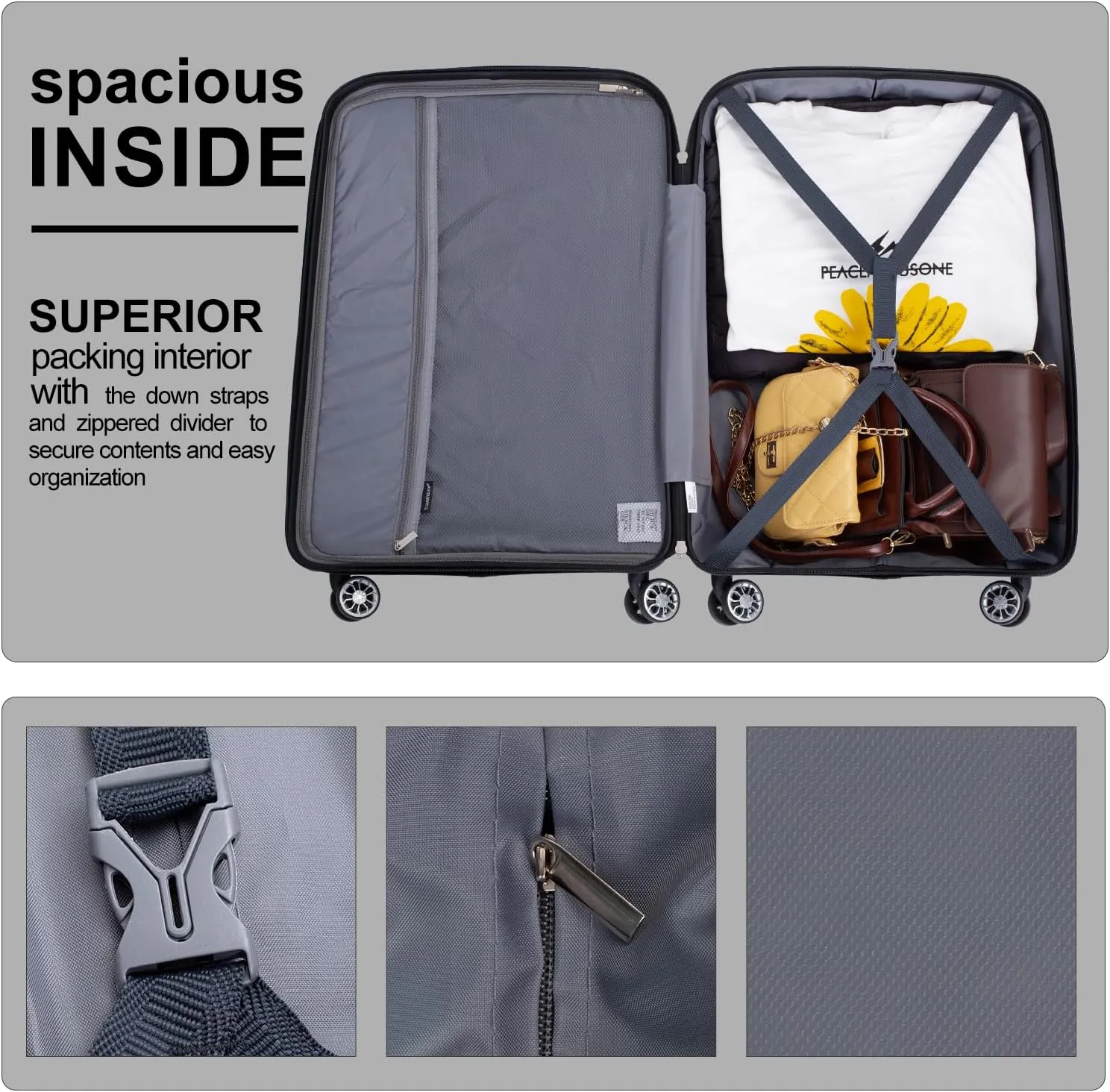 Travelhouse Amalodie Hardshell Upright Spinner Wheel Suitcase Set PP ABS, Lightweight Checked Carry-On Luggage 3-Piece Set with Spinner Wheels TSA Locks 20" 24" 28" (Gray)