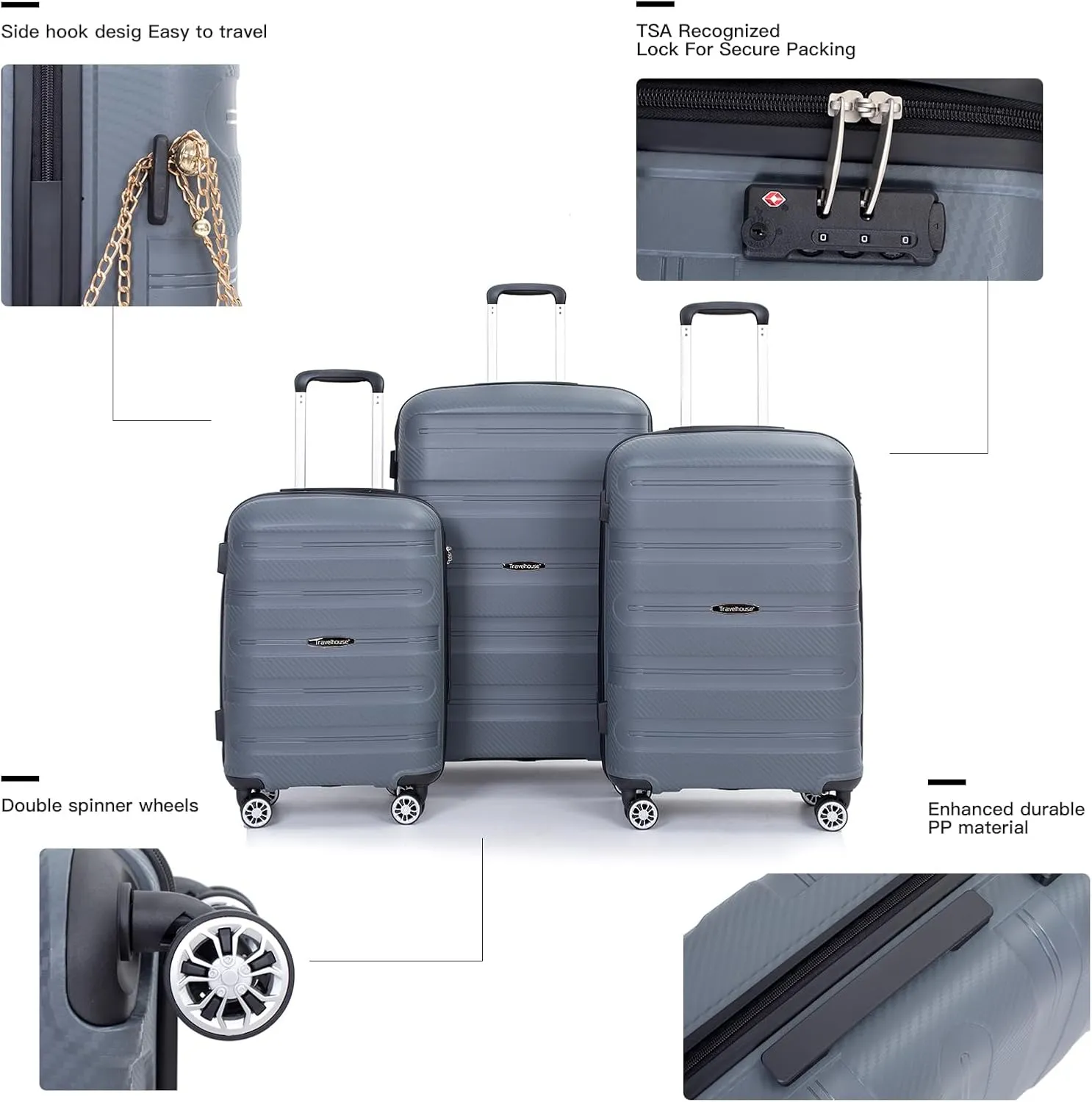 Travelhouse Amalodie Hardshell Upright Spinner Wheel Suitcase Set PP ABS, Lightweight Checked Carry-On Luggage 3-Piece Set with Spinner Wheels TSA Locks 20" 24" 28" (Gray)