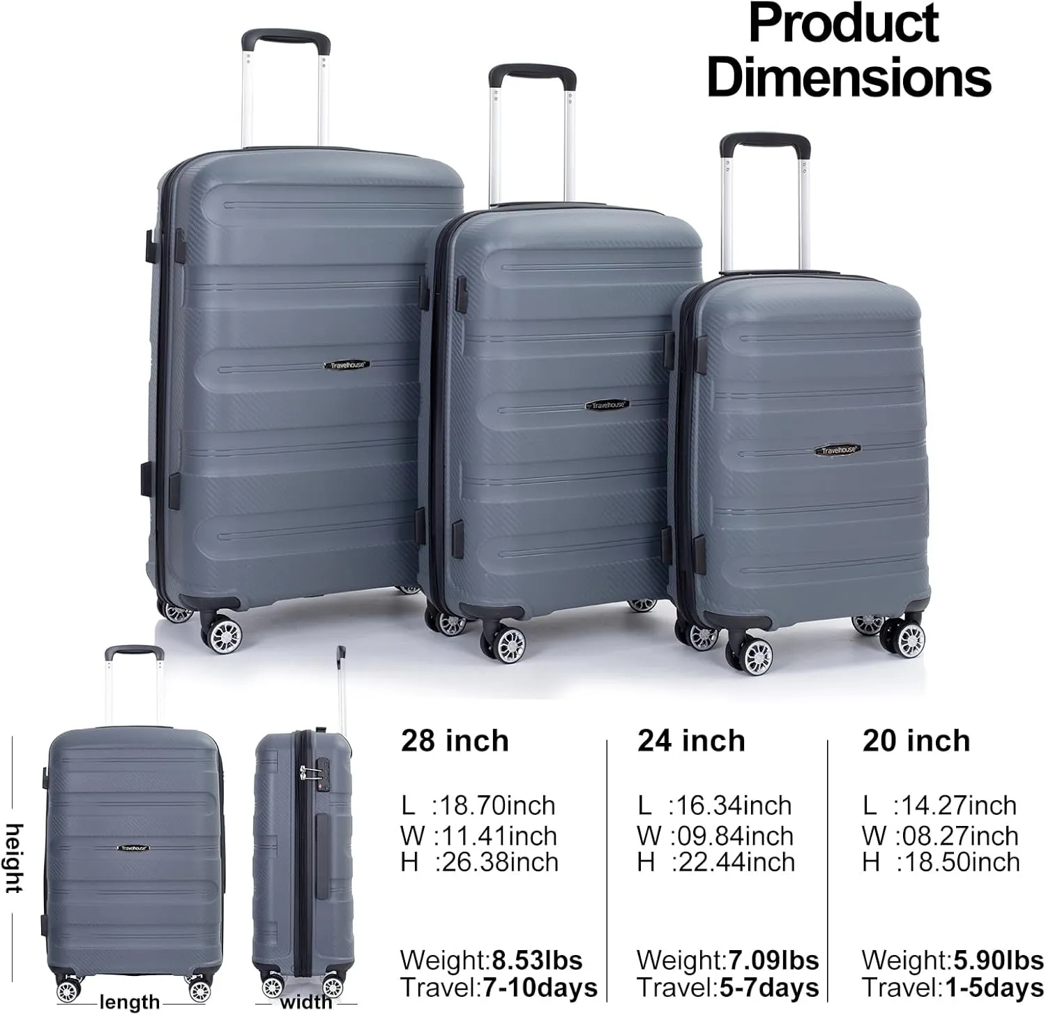 Travelhouse Amalodie Hardshell Upright Spinner Wheel Suitcase Set PP ABS, Lightweight Checked Carry-On Luggage 3-Piece Set with Spinner Wheels TSA Locks 20" 24" 28" (Gray)