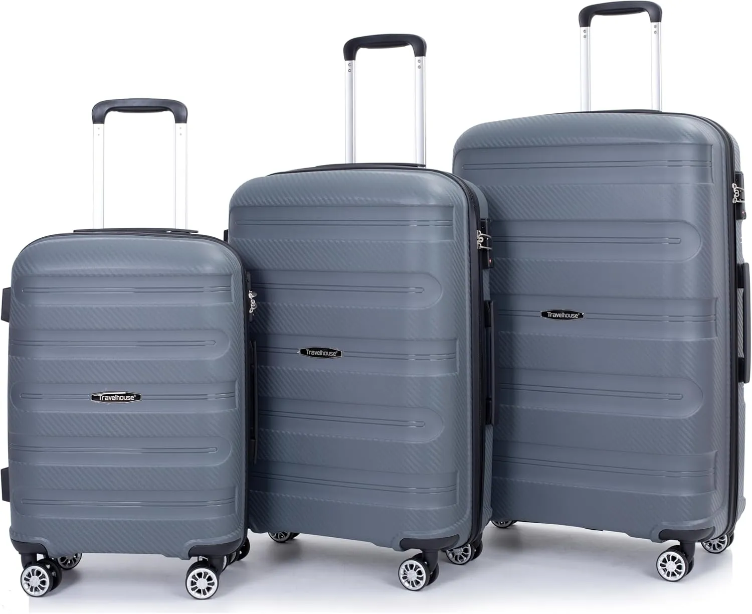 Travelhouse Amalodie Hardshell Upright Spinner Wheel Suitcase Set PP ABS, Lightweight Checked Carry-On Luggage 3-Piece Set with Spinner Wheels TSA Locks 20" 24" 28" (Gray)