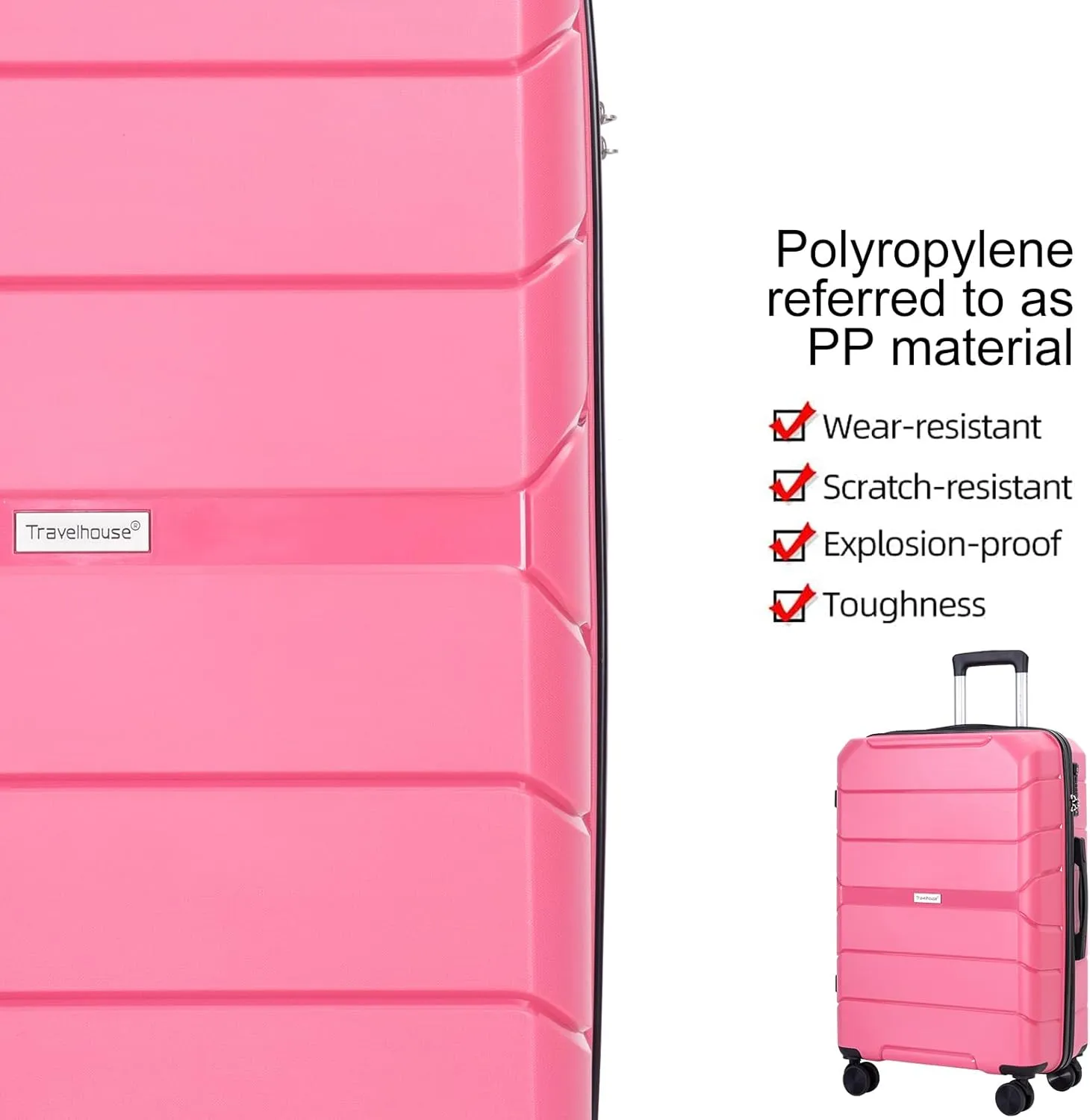 Travelhouse Luggage Sets 3 Piece PP Suitcase Set Hardside Spinner Wheel Luggage Clearance Lightweight TSA Lock for Travel, Business(20/24/28) (Pink)