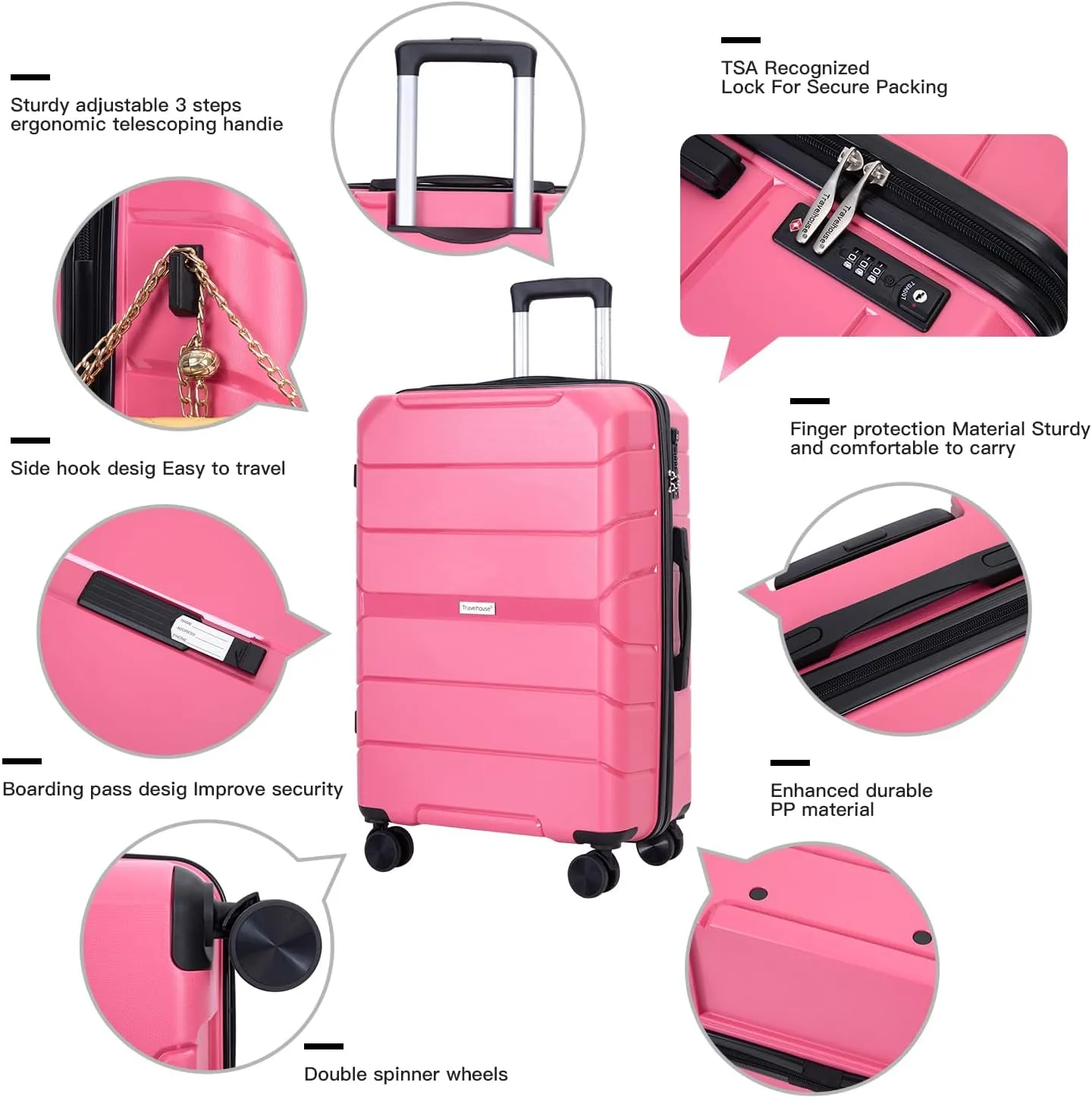 Travelhouse Luggage Sets 3 Piece PP Suitcase Set Hardside Spinner Wheel Luggage Clearance Lightweight TSA Lock for Travel, Business(20/24/28) (Pink)