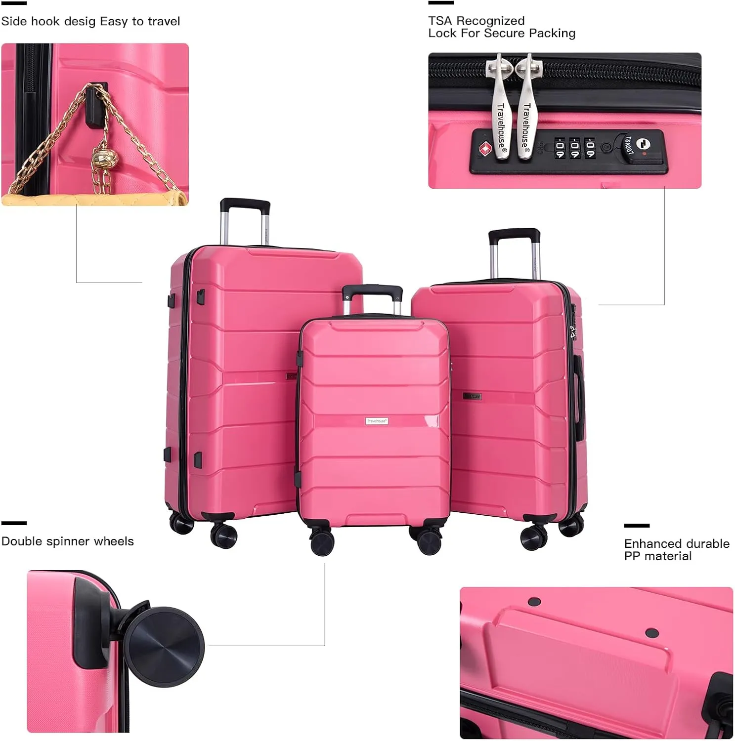 Travelhouse Luggage Sets 3 Piece PP Suitcase Set Hardside Spinner Wheel Luggage Clearance Lightweight TSA Lock for Travel, Business(20/24/28) (Pink)