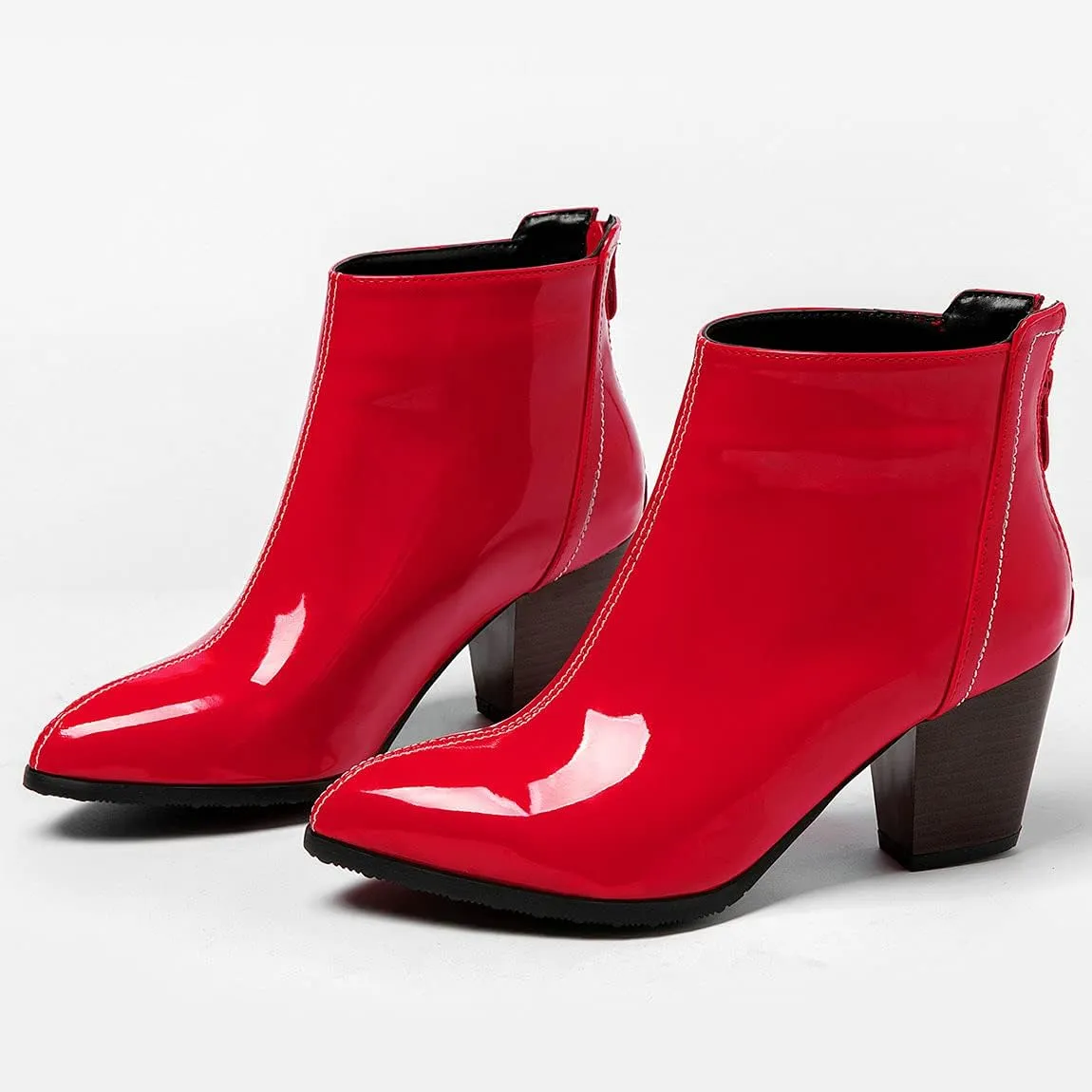 Trendenzy Womens Patent Leather Booties Pointed Toe Chunky Block Heel Zipper Ankle Boots