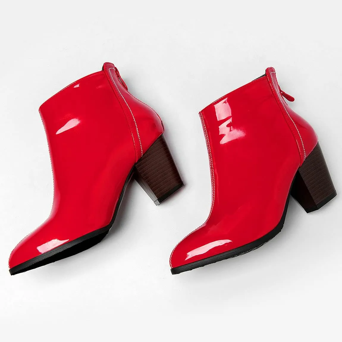 Trendenzy Womens Patent Leather Booties Pointed Toe Chunky Block Heel Zipper Ankle Boots