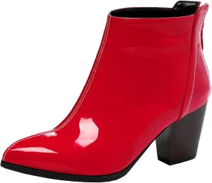 Trendenzy Womens Patent Leather Booties Pointed Toe Chunky Block Heel Zipper Ankle Boots