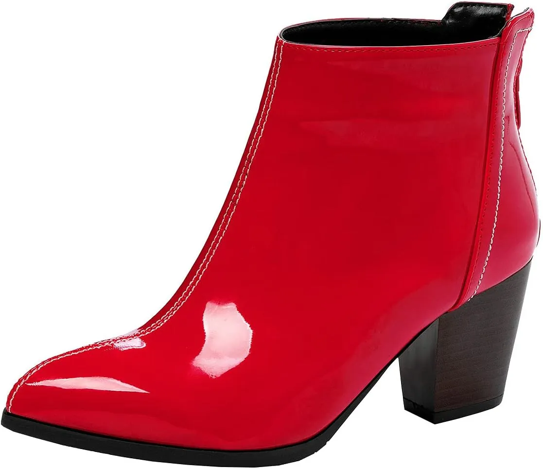 Trendenzy Womens Patent Leather Booties Pointed Toe Chunky Block Heel Zipper Ankle Boots