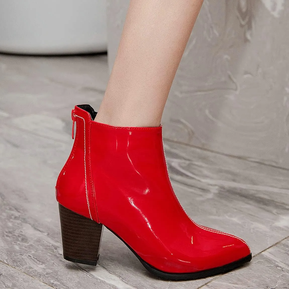 Trendenzy Womens Patent Leather Booties Pointed Toe Chunky Block Heel Zipper Ankle Boots