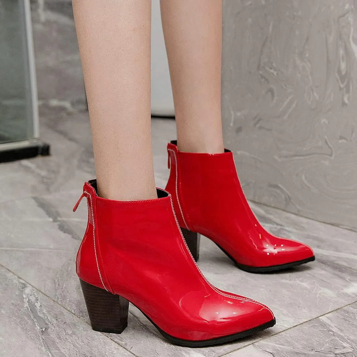 Trendenzy Womens Patent Leather Booties Pointed Toe Chunky Block Heel Zipper Ankle Boots