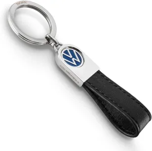Troika Keyring VW logo, leather loop – VW LEATHER – leather, metal – black, blue, silver-coloured Original
