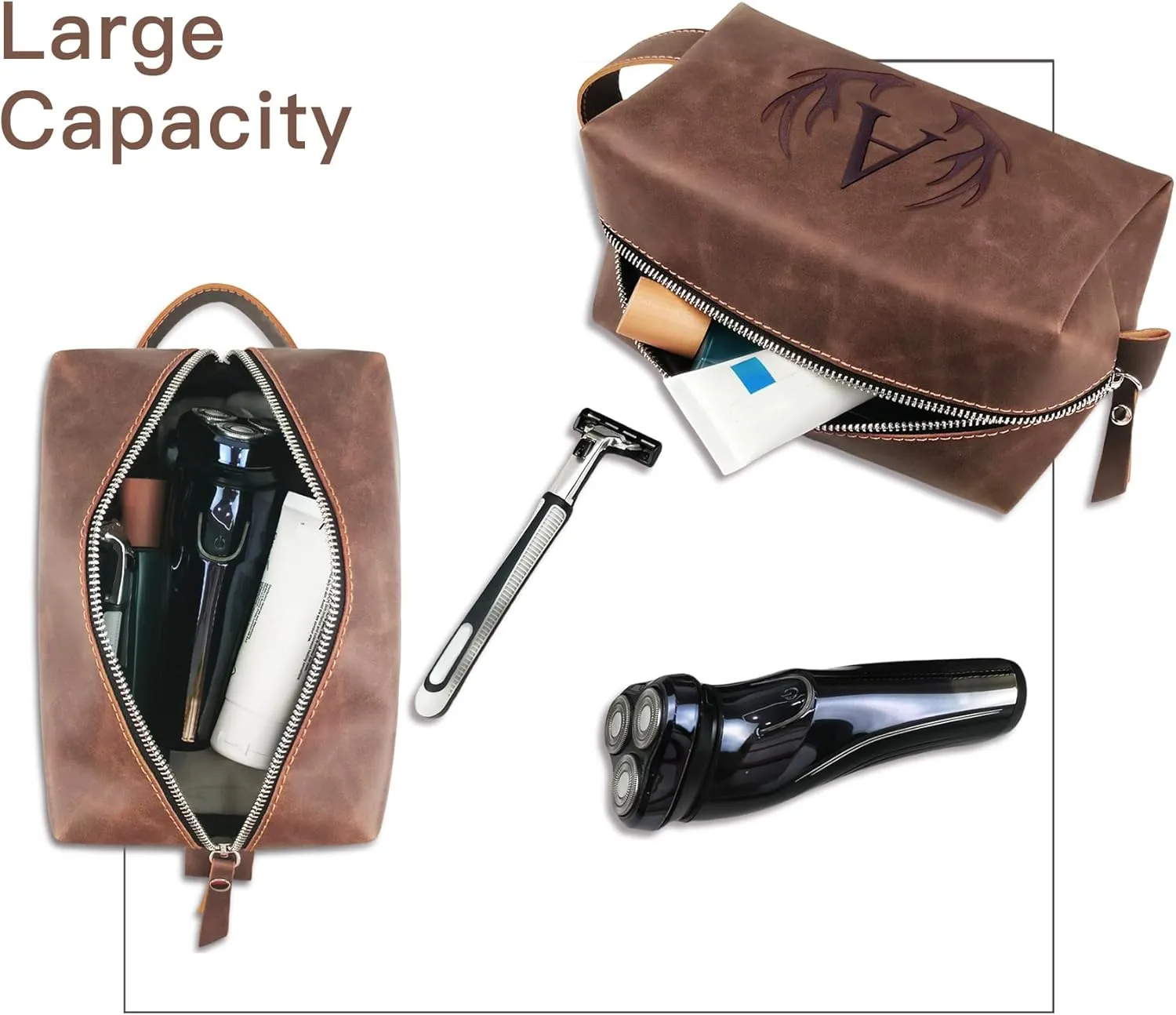 Unique Mens Toiletry Travel Bag Monogrammed Initial PU Leather Waterproof Shaving Bag for Toiletries Accessories Personalized Retirement Anniversary Thank You Gifts for Men Husband Him (R)