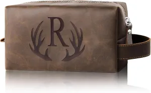 Unique Mens Toiletry Travel Bag Monogrammed Initial PU Leather Waterproof Shaving Bag for Toiletries Accessories Personalized Retirement Anniversary Thank You Gifts for Men Husband Him (R)