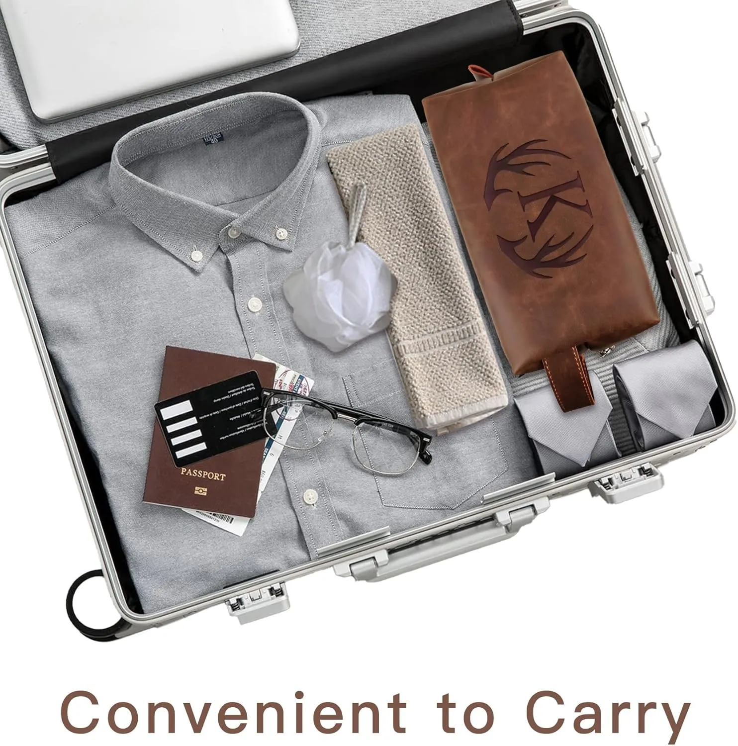 Unique Mens Toiletry Travel Bag Monogrammed Initial PU Leather Waterproof Shaving Bag for Toiletries Accessories Personalized Retirement Anniversary Thank You Gifts for Men Husband Him (R)