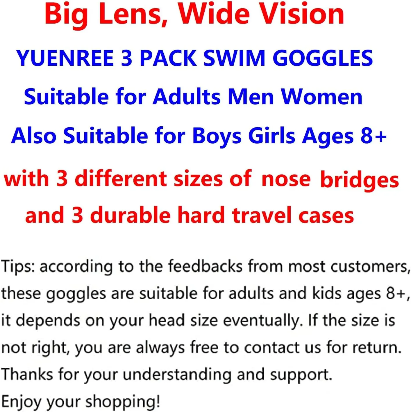Unisex Swim Goggles - 3 Pack Swimming Goggles for Adults Men Women Youth Teens Boys Girls Ages 6  with 3 Cases