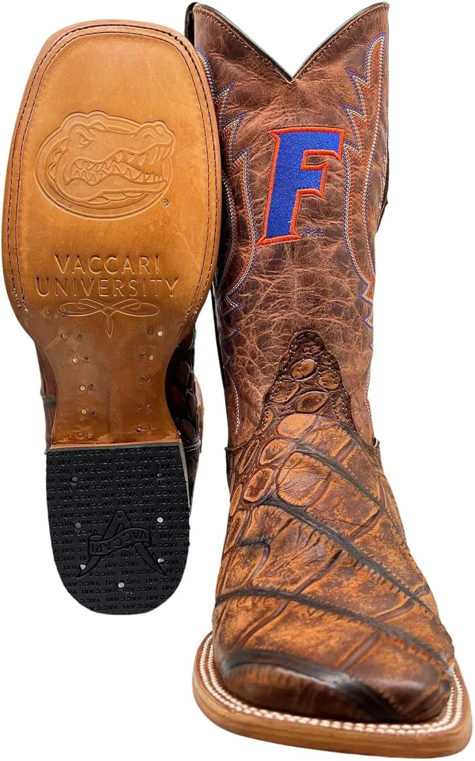 Vaccari Men's Cooper Genuine Exotic Print Leather & Embroidery Broad Square Toe Officially Licensed Cowboy University Boots