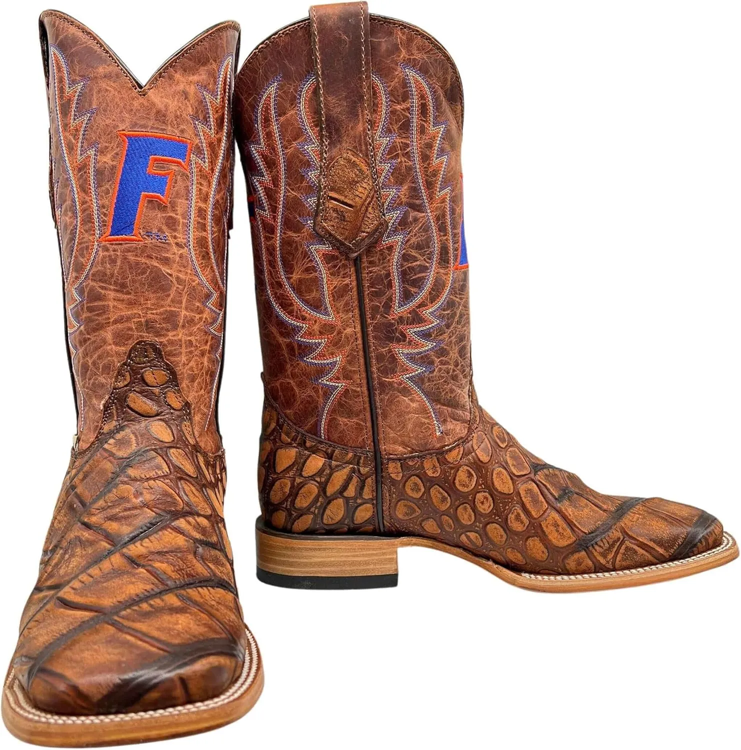 Vaccari Men's Cooper Genuine Exotic Print Leather & Embroidery Broad Square Toe Officially Licensed Cowboy University Boots