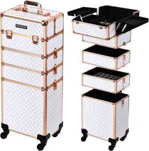 VETALLO Rolling Makeup Train Case, 5-in-1 Travel Makeup Case Organizer I Large Makeup Case with Key Swivel Wheels I Makeup Train Case for Manicurists Hairstylists Esthetician I White