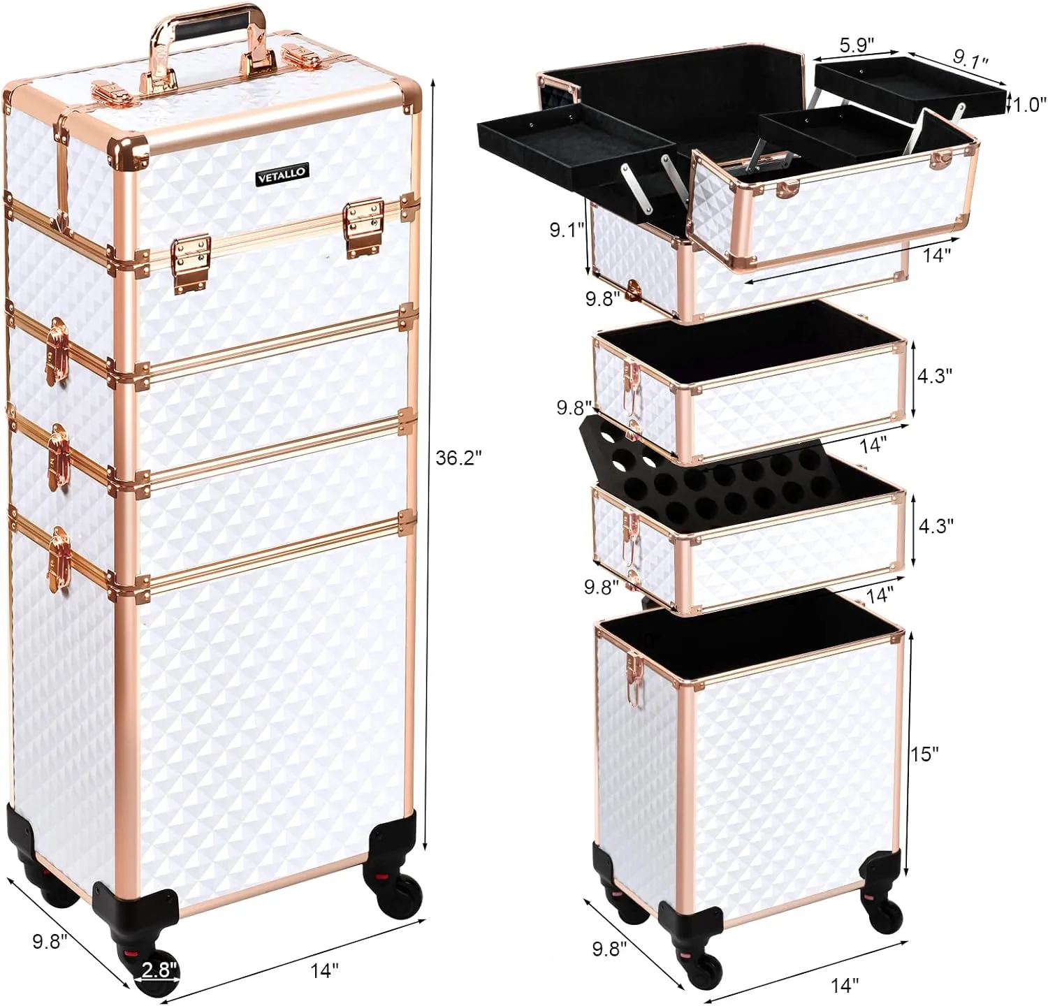 VETALLO Rolling Makeup Train Case, 5-in-1 Travel Makeup Case Organizer I Large Makeup Case with Key Swivel Wheels I Makeup Train Case for Manicurists Hairstylists Esthetician I White