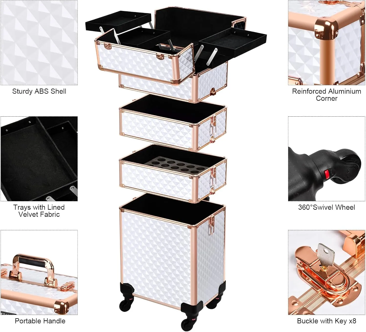 VETALLO Rolling Makeup Train Case, 5-in-1 Travel Makeup Case Organizer I Large Makeup Case with Key Swivel Wheels I Makeup Train Case for Manicurists Hairstylists Esthetician I White