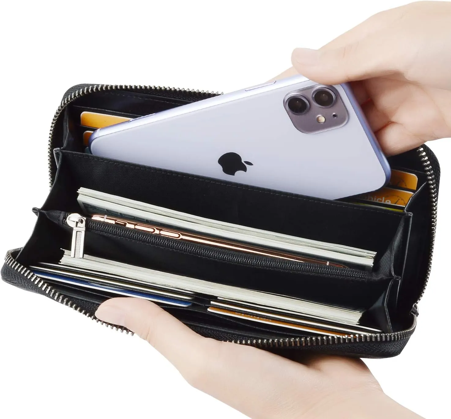 VISOUL Leather Long Zippered Pouch Wallet for Men with RFID Blocking, Large Carbon Fiber Leather Clutch Cash Long Wallet with Zipper (Black Black)