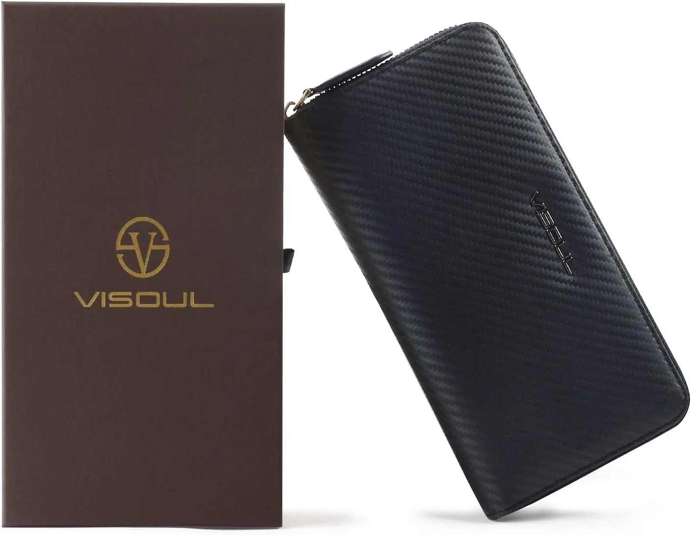 VISOUL Leather Long Zippered Pouch Wallet for Men with RFID Blocking, Large Carbon Fiber Leather Clutch Cash Long Wallet with Zipper (Black Black)