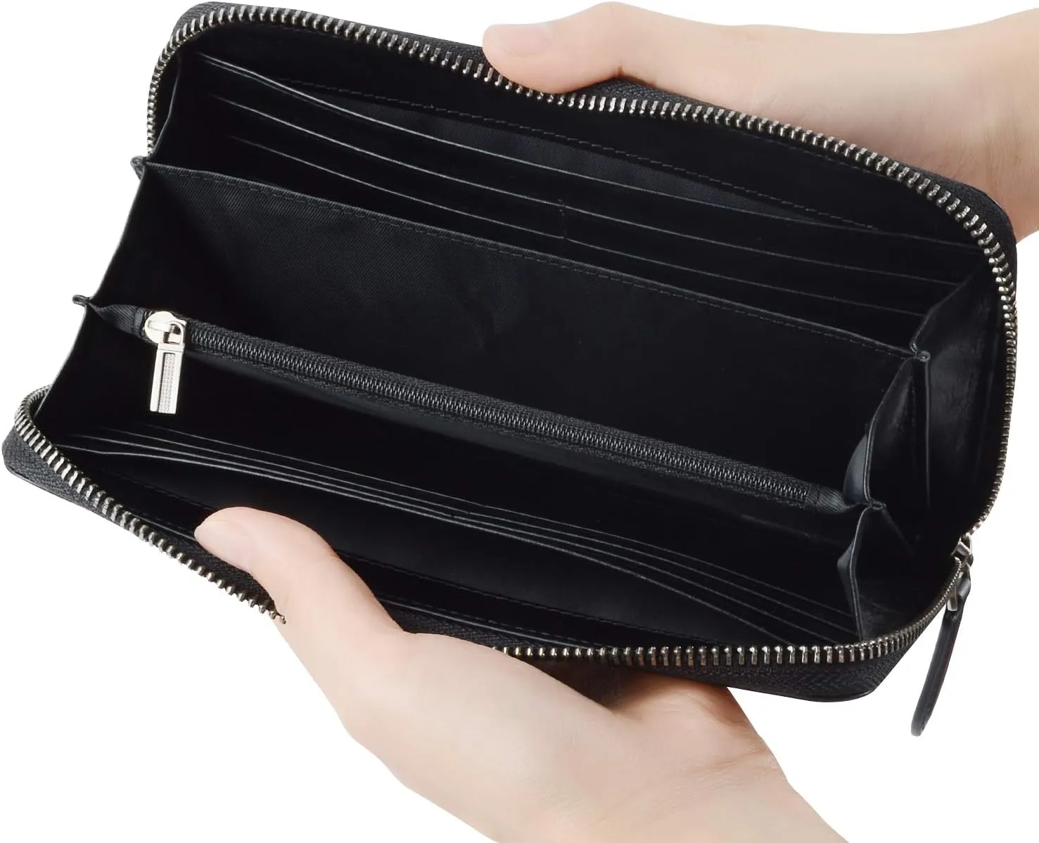 VISOUL Leather Long Zippered Pouch Wallet for Men with RFID Blocking, Large Carbon Fiber Leather Clutch Cash Long Wallet with Zipper (Black Black)