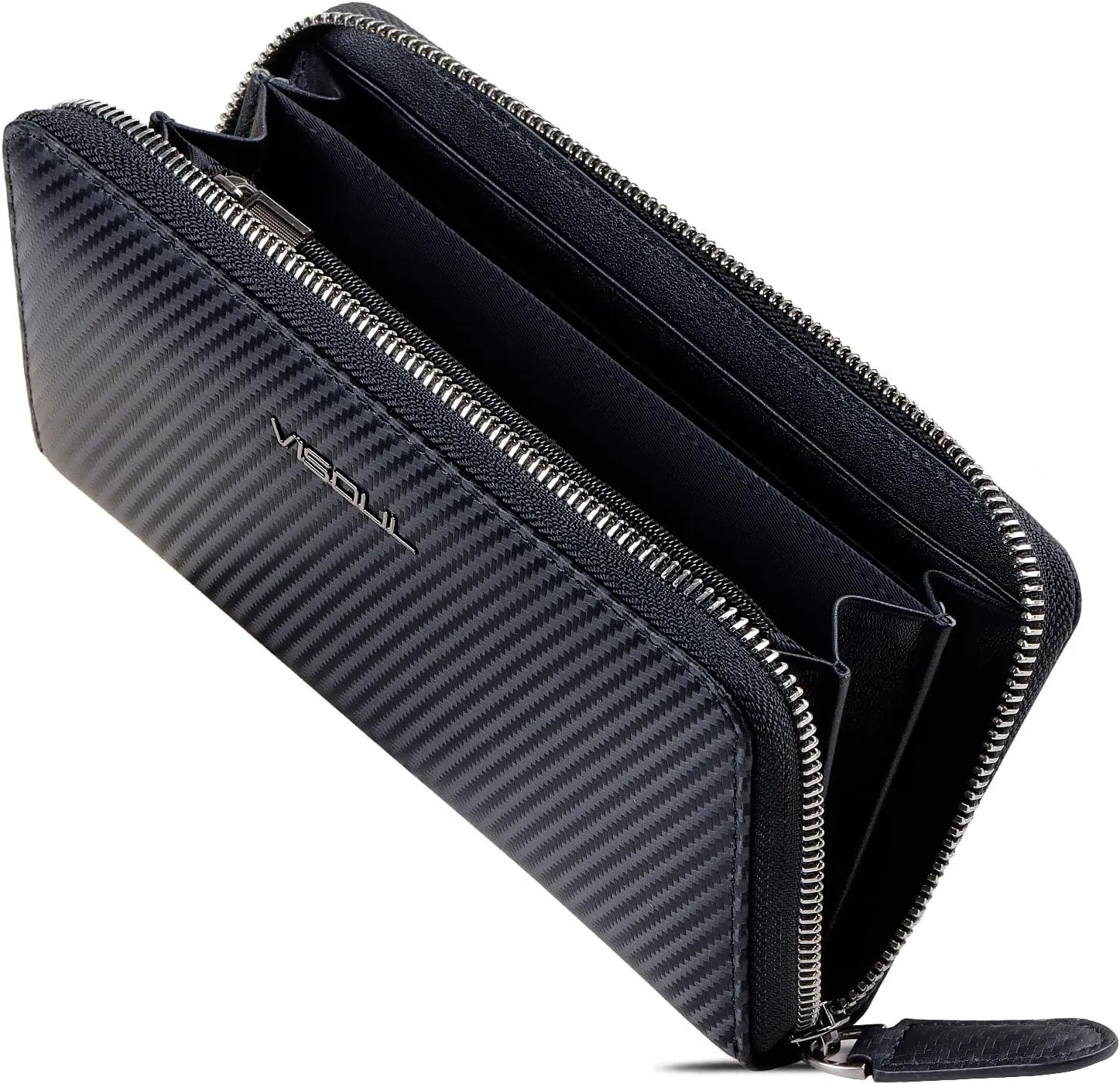 VISOUL Leather Long Zippered Pouch Wallet for Men with RFID Blocking, Large Carbon Fiber Leather Clutch Cash Long Wallet with Zipper (Black Black)