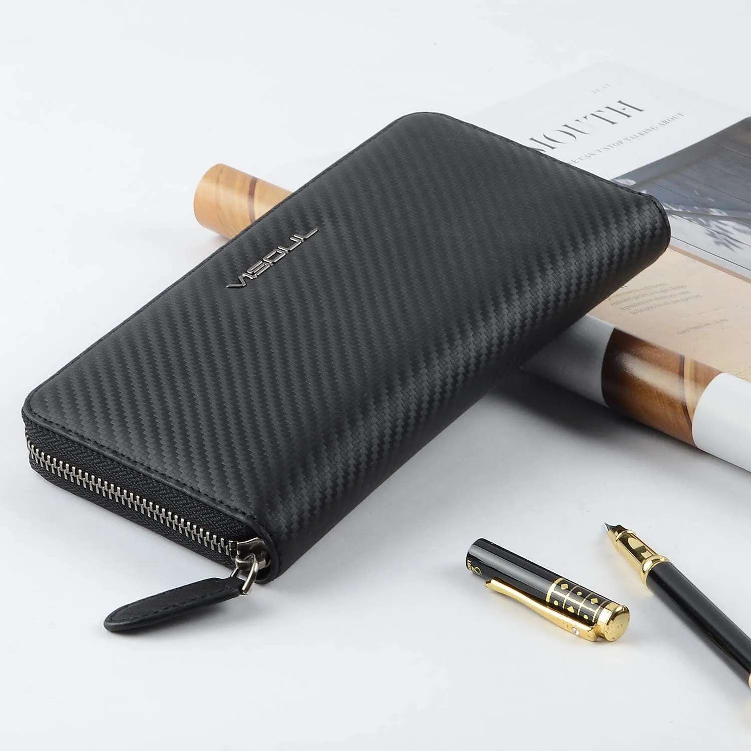 VISOUL Leather Long Zippered Pouch Wallet for Men with RFID Blocking, Large Carbon Fiber Leather Clutch Cash Long Wallet with Zipper (Black Black)
