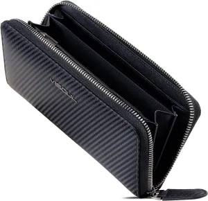 VISOUL Leather Long Zippered Pouch Wallet for Men with RFID Blocking, Large Carbon Fiber Leather Clutch Cash Long Wallet with Zipper (Black Black)