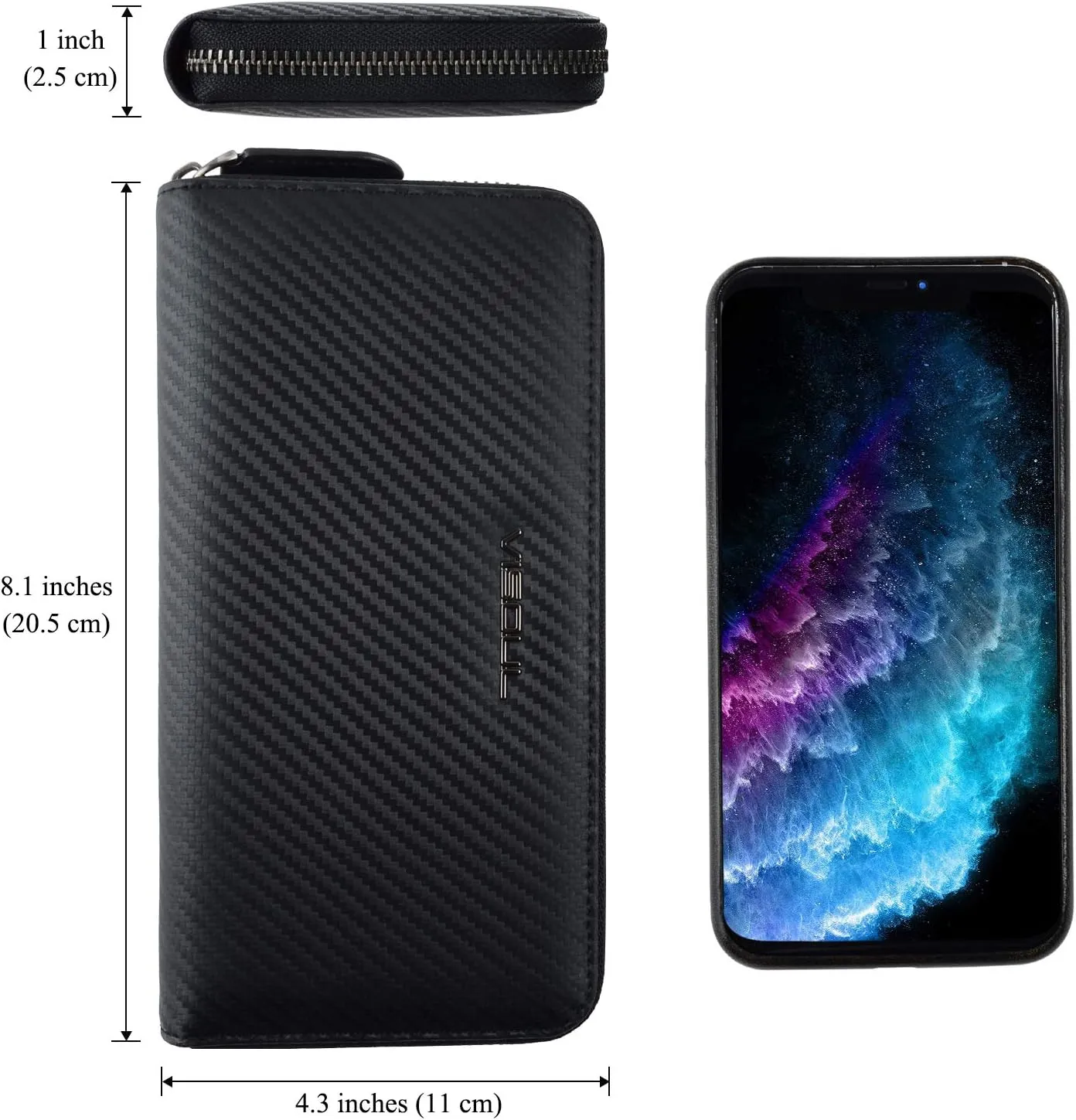 VISOUL Leather Long Zippered Pouch Wallet for Men with RFID Blocking, Large Carbon Fiber Leather Clutch Cash Long Wallet with Zipper (Black Black)