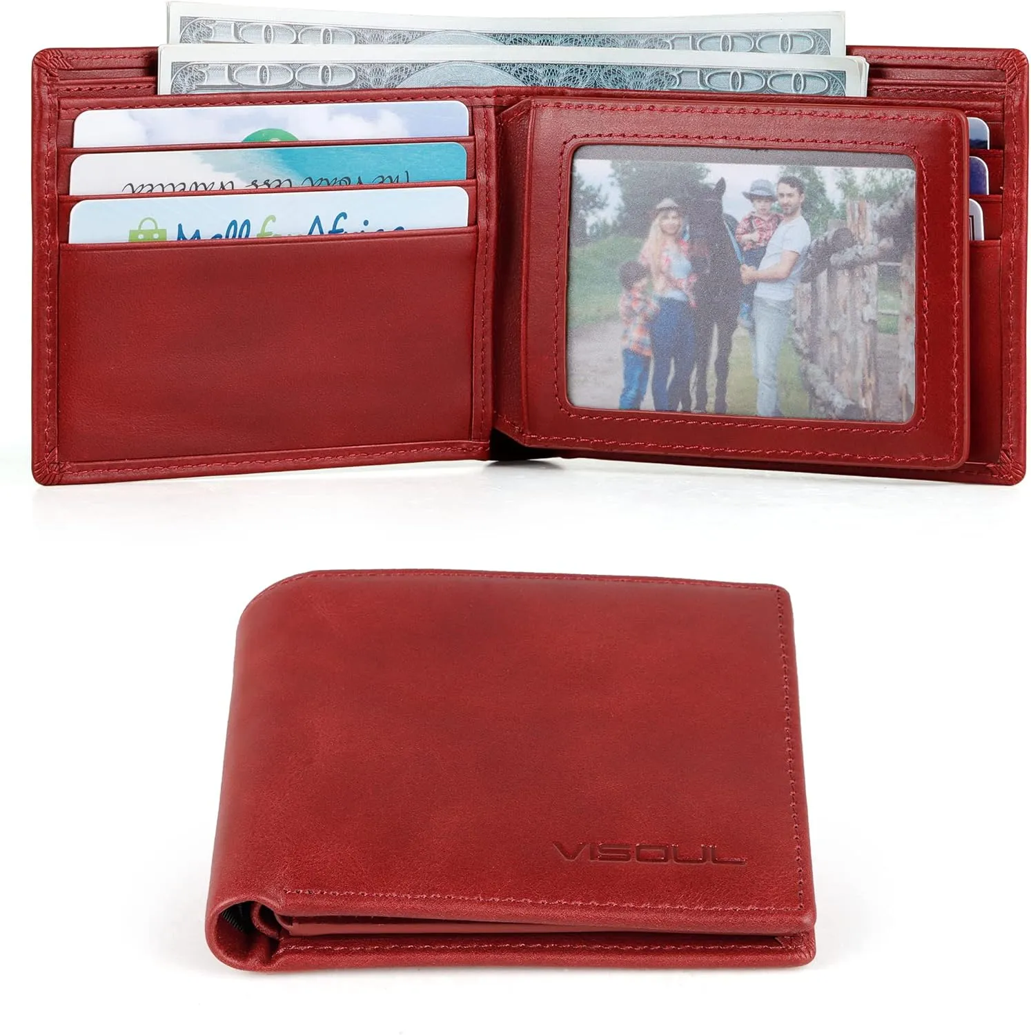 VISOUL Leather Mens Bifold RFID Blocking Wallet with 2 ID Windows, Leather Wallet for Men (Leather, Burgundy)