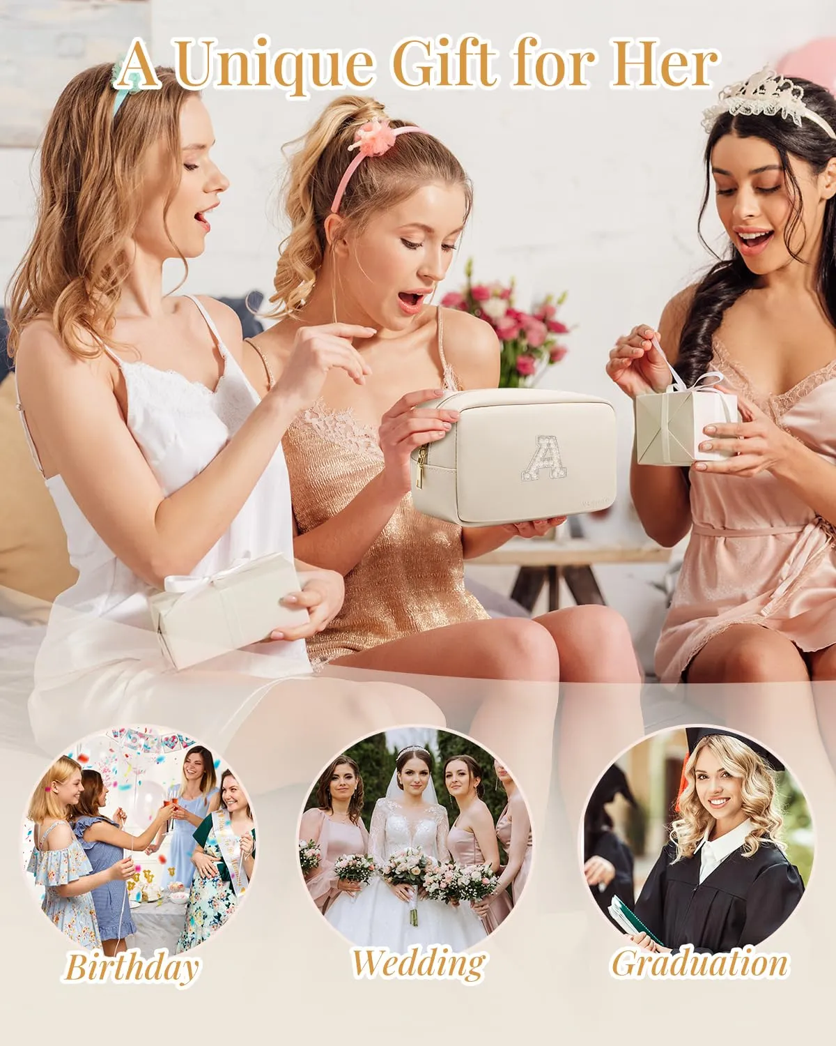 Vlando Bridesmaid Engagement Gift for Her Small Cosmetic Bag Makeup Organizer Monogrammed Birthday Gifts for Mom Women Travelers Grandma M