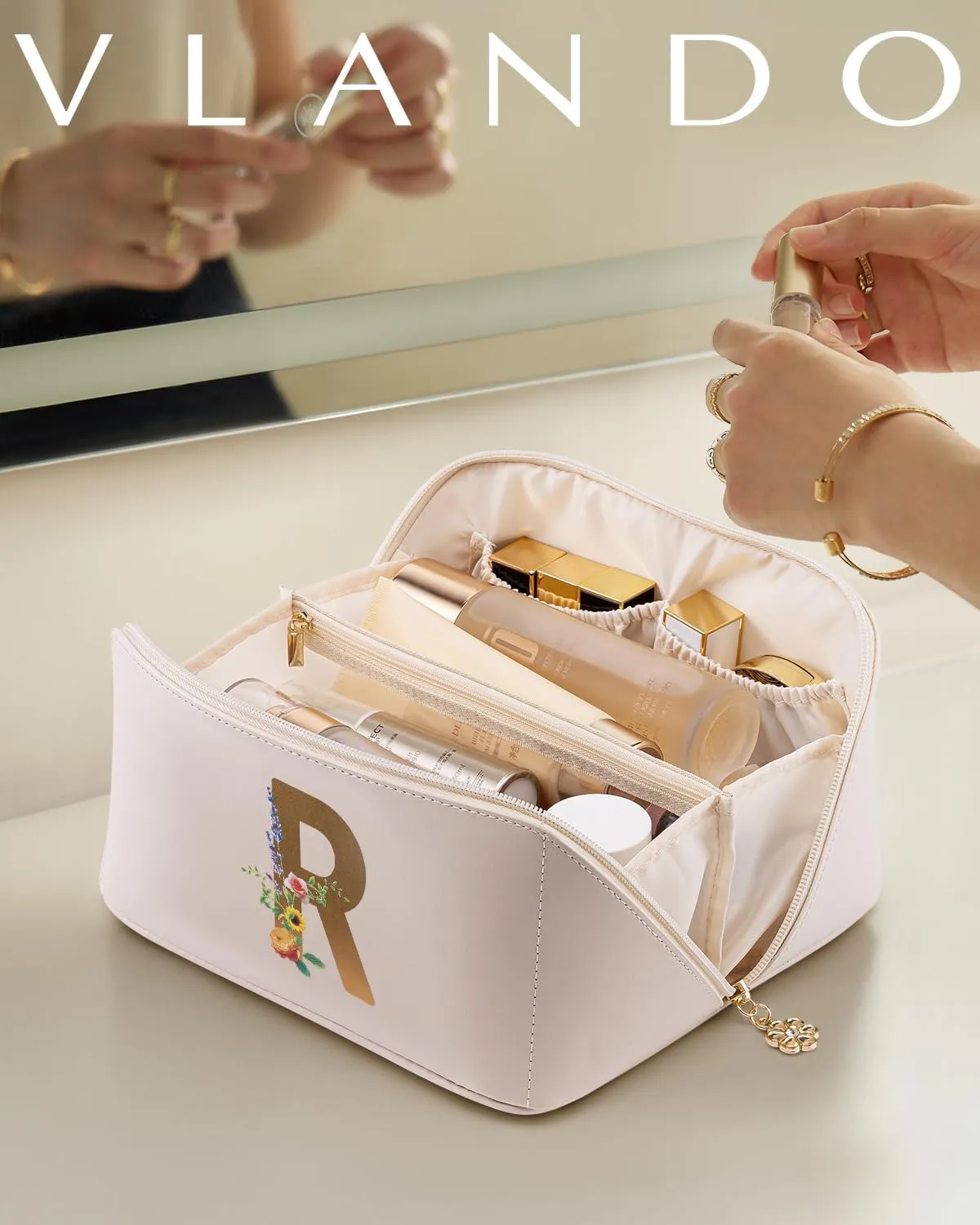 Vlando Personalized Birthday Gift,Initial Makeup Organinzer,Graduation Gifts for Her Sister Birthday Gift Ideas,Monogrammed Cosmetic Travel Bag(Letter R)