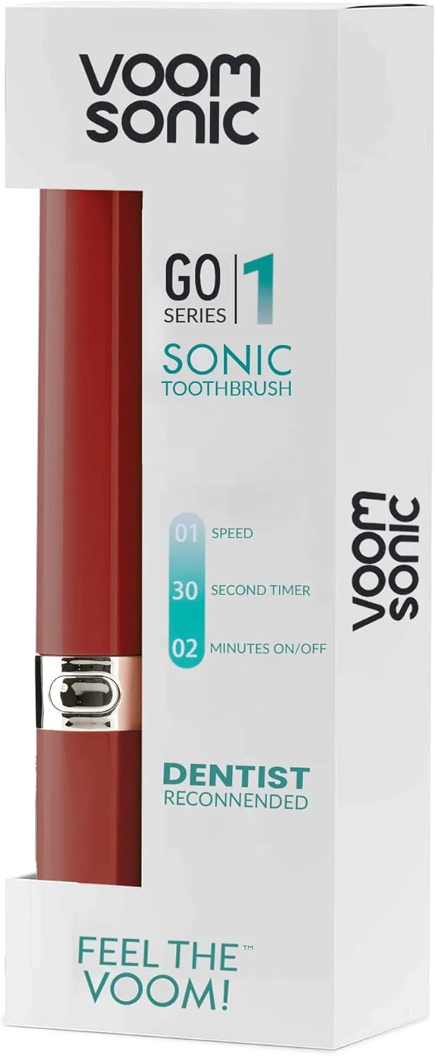 Voom Sonic Go 1 Series Travel Electric Toothbrush Travel Toothbrushes - Battery Operated Toothbrush for Adults & Kids, Dentist Recommended Toothbrush, Portable with 2 Minute Timer (Metallic Red)