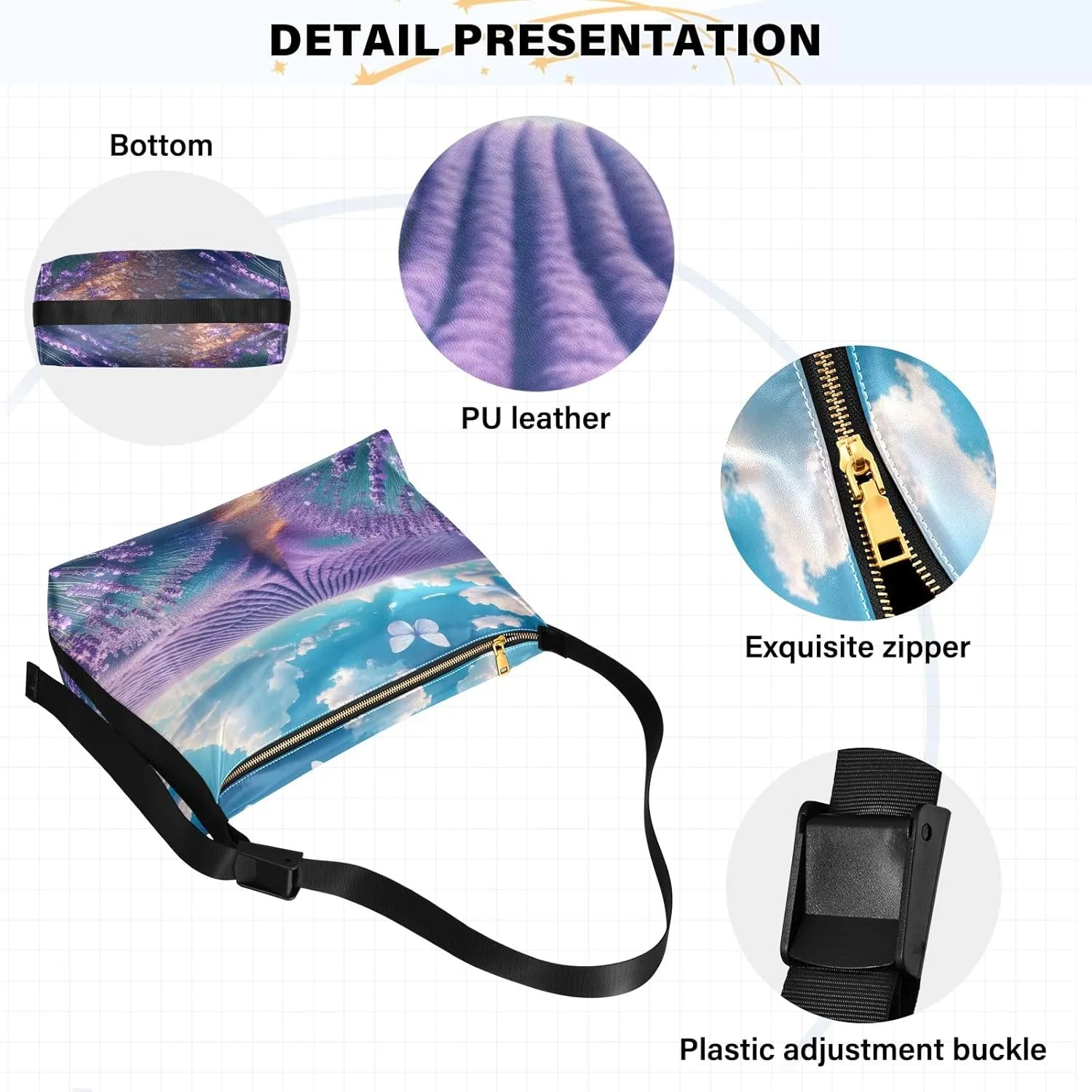 Watercolor Tree and Stars Leather Crossbody Bag, Lightweight Shoulder Hobo Bag, Lady Leather Bag