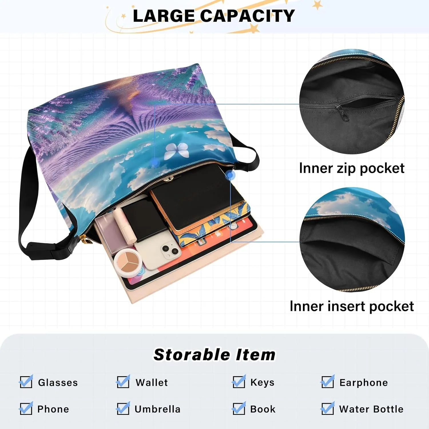 Watercolor Tree and Stars Leather Crossbody Bag, Lightweight Shoulder Hobo Bag, Lady Leather Bag