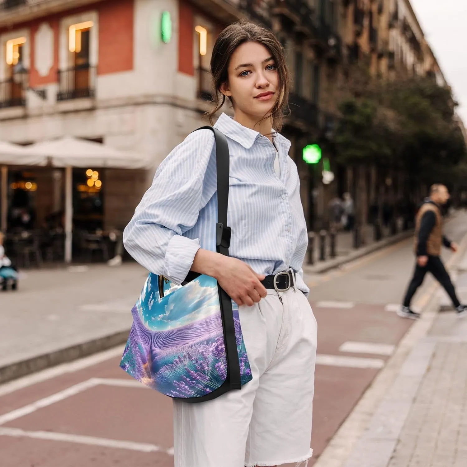Watercolor Tree and Stars Leather Crossbody Bag, Lightweight Shoulder Hobo Bag, Lady Leather Bag