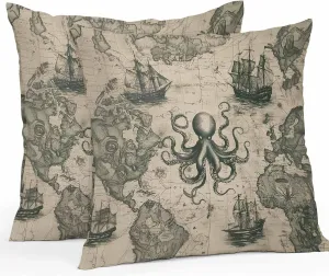Waterproof Pillow Covers Pack of 2, Nautical Monster Vintage Map Outdoor Pillowcases Cushion Cases, Summer Ocean Sailboat Decorative Throw Pillow Cover for Couch Sofa Bed