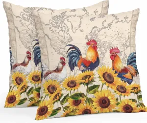 Waterproof Pillow Covers Pack of 2, Sunflower Summer Floral Chicken Outdoor Pillowcases Cushion Cases, Vintage Medieval Map Decorative Throw Pillow Cover for Couch Sofa Bed