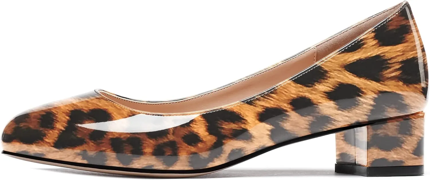 WAYDERNS Women's Slip On Round Toe Patent Chunky Low Block Kitten Heel Pumps Shoes 1.5 Inch
