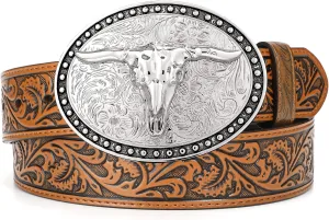 Western Leather Belt for Men Women Cowgirl Cowboy Western Longhorn Bull Buckle Belt for Jeans Christmas Gifts Belts