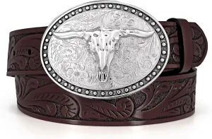 Western Leather Belt for Men Women Cowgirl Cowboy Western Longhorn Bull Buckle Belt for Jeans Christmas Gifts Belts