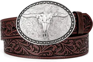 Western Leather Belt for Men Women Cowgirl Cowboy Western Longhorn Bull Buckle Belt for Jeans Christmas Gifts Belts