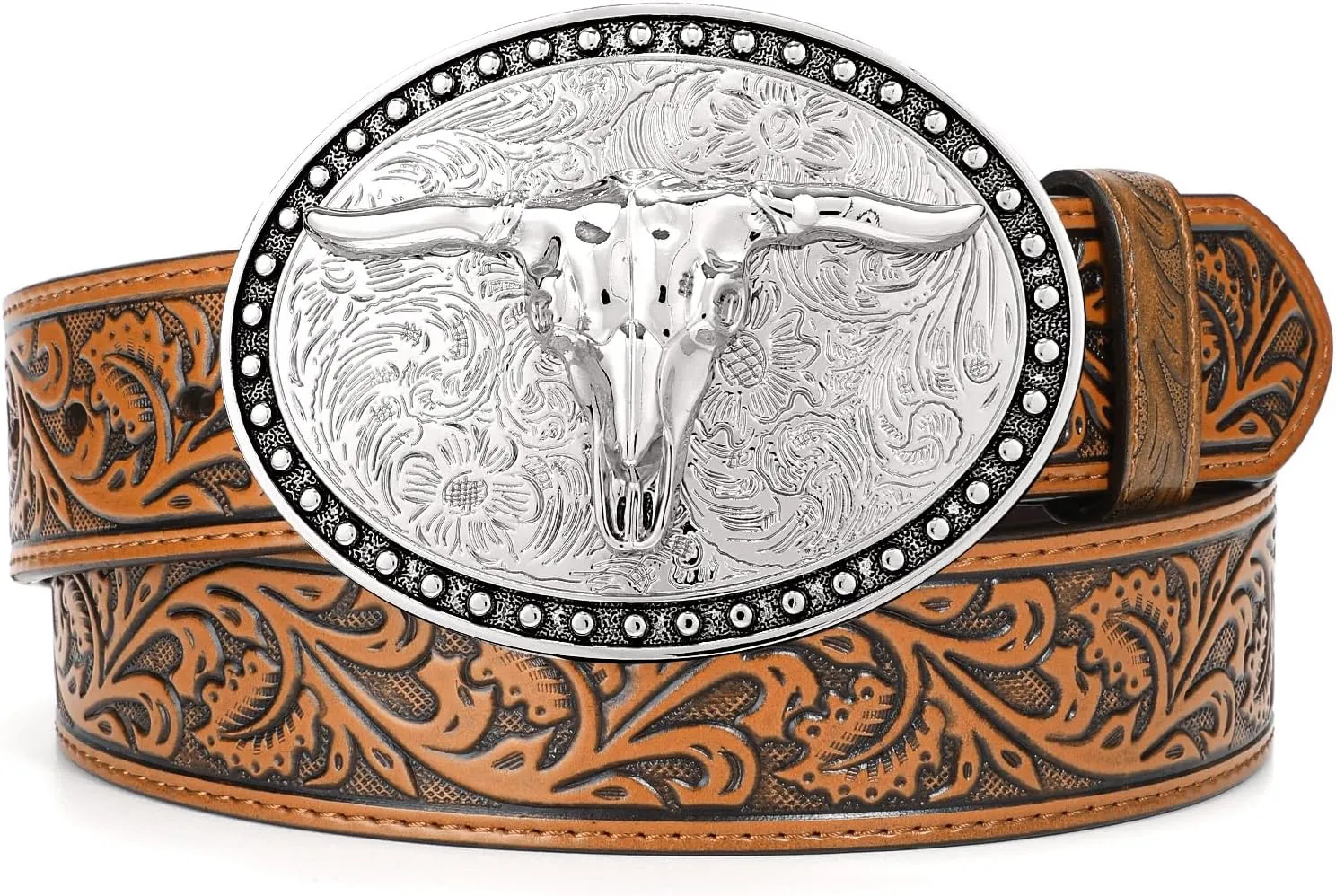 Western Leather Belt for Men Women Cowgirl Cowboy Western Longhorn Bull Buckle Belt for Jeans Christmas Gifts Belts