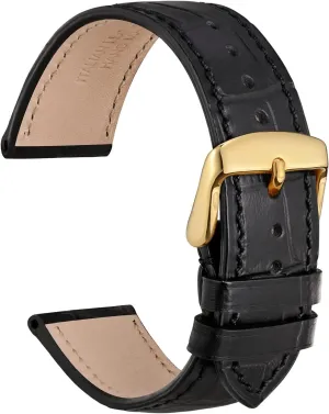 WOCCI 18mm Watch Band, Italian Leather, Embossed Alligator Grain, Gold Buckle (Black)