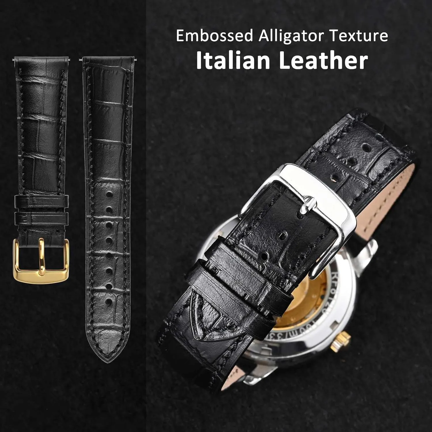 WOCCI 20mm Watch Band, Italian Leather, Embossed Alligator Grain, Gold Buckle (Black)