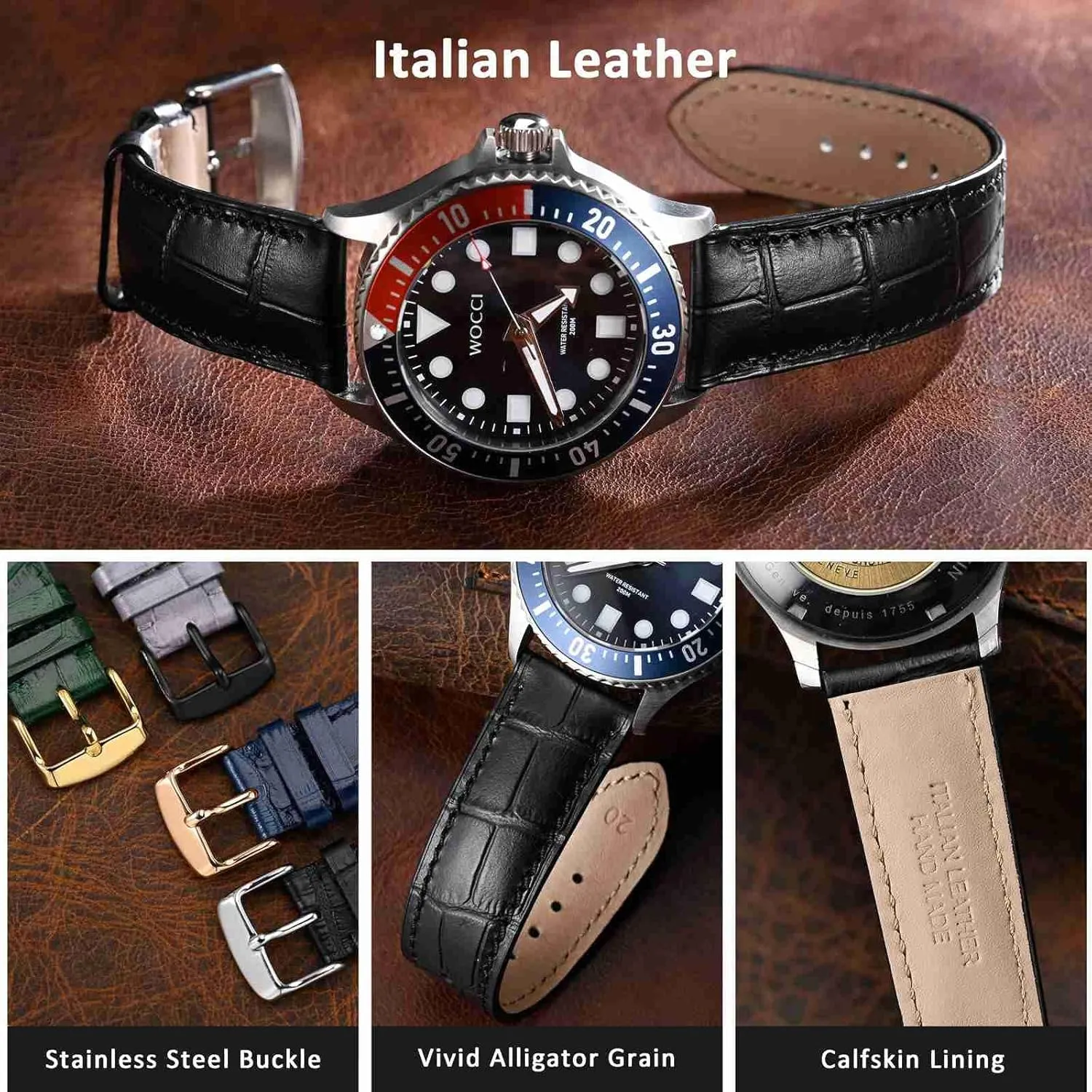 WOCCI 20mm Watch Band, Italian Leather, Embossed Alligator Grain, Gold Buckle (Black)