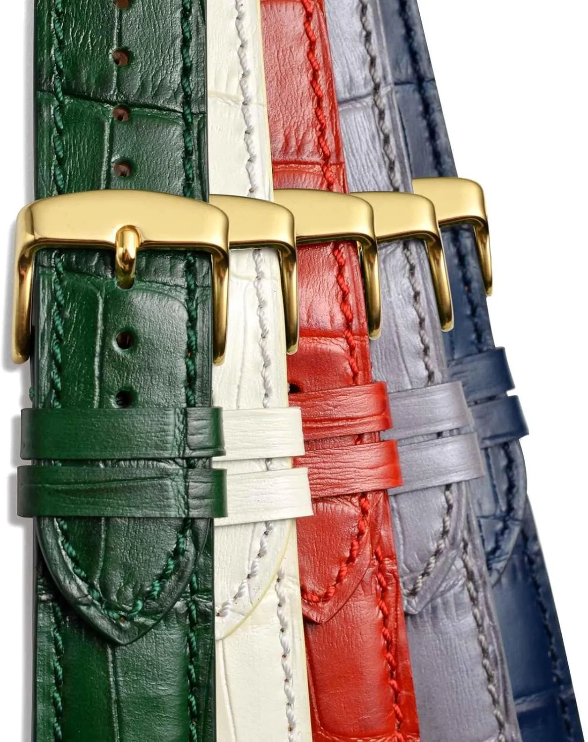 WOCCI 20mm Watch Band, Italian Leather, Embossed Alligator Grain, Gold Buckle (Black)
