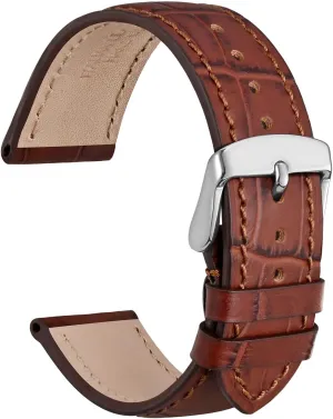 WOCCI 22mm Watch Band, Italian Leather, Embossed Alligator Grain, Silver Buckle (Brown)