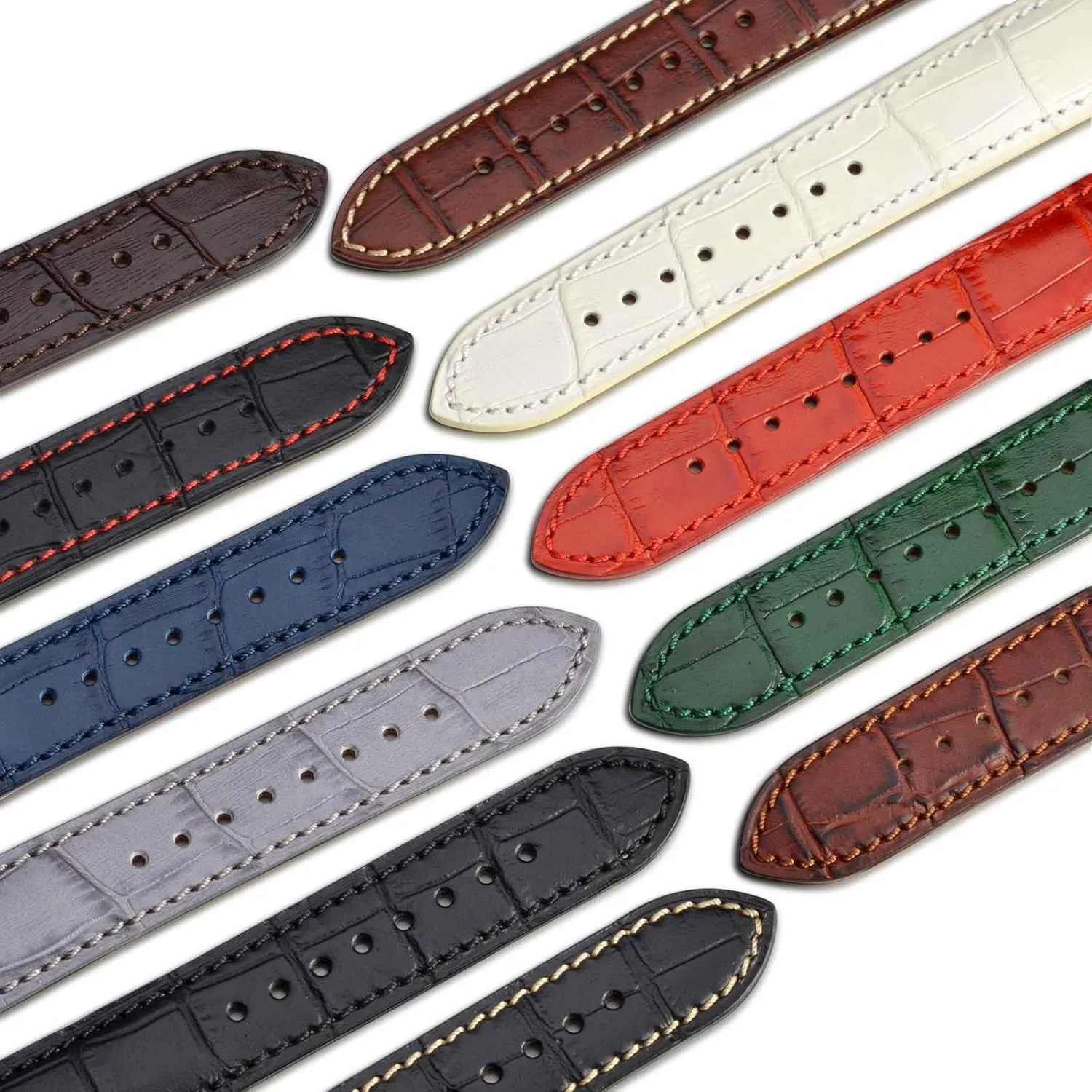 WOCCI 22mm Watch Band, Italian Leather, Embossed Alligator Grain, Silver Buckle (Brown)